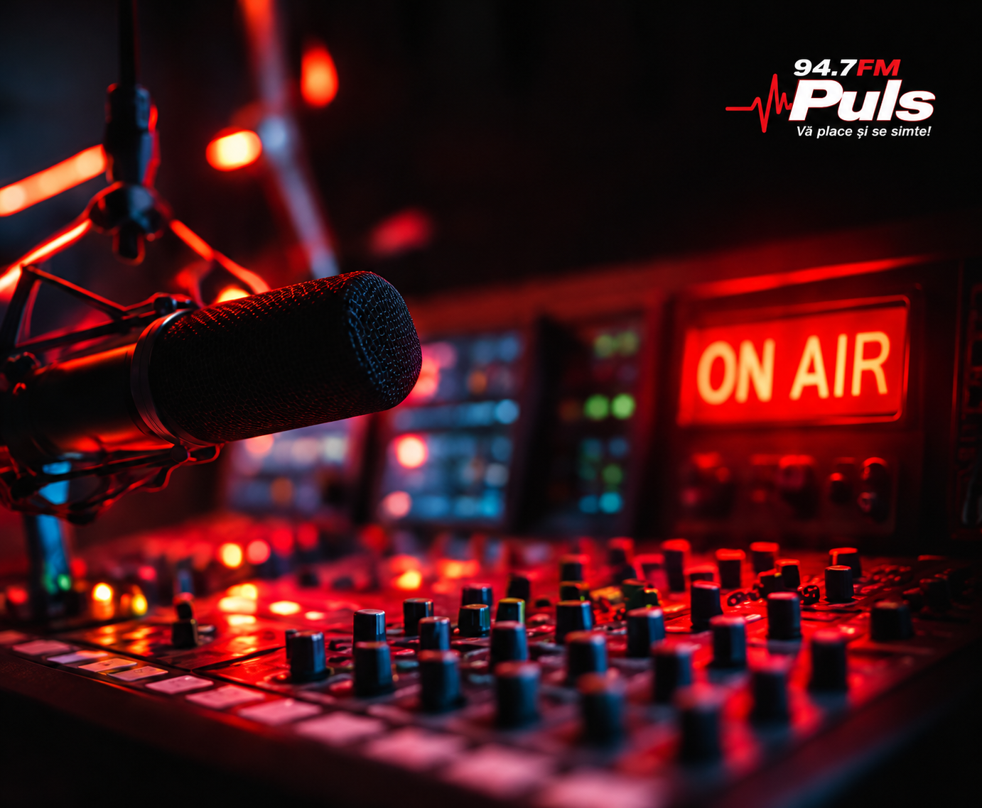 Studio de radio PULS FM cu microfon, consolă de emisie și sigla postului